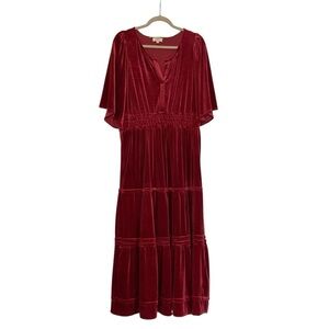 Umgee Fuchsia Velvet Smocked Waist Tiered Dress Size L
